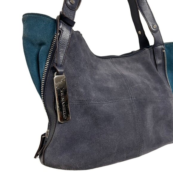TIGNANELLO  Navy/Emerald  Green Suede Leather Shoulder Bag With Expandable Sides - Picture 3 of 13